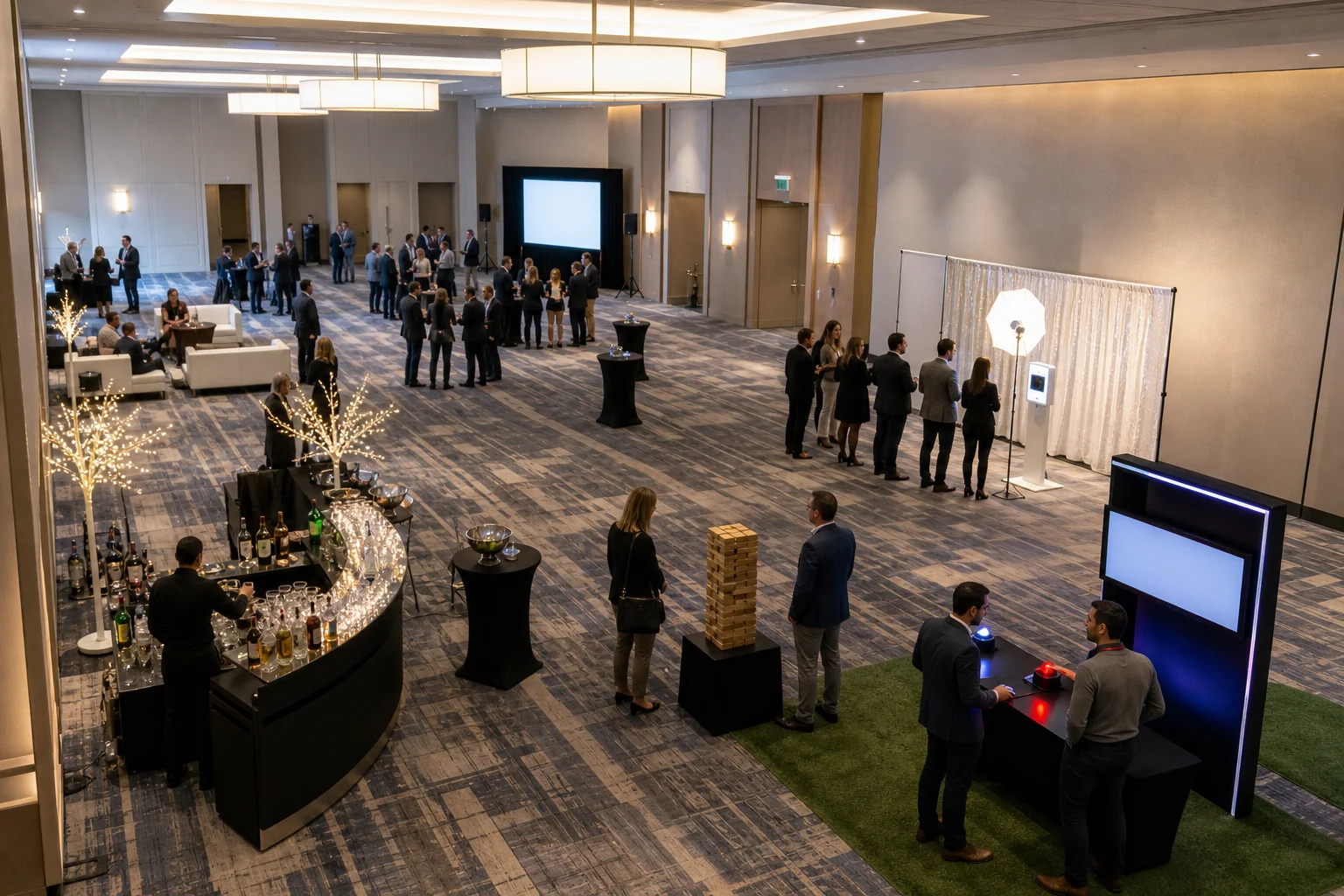 Conference venue layout with reception, breakout, photo booth, activity zones, and walking paths