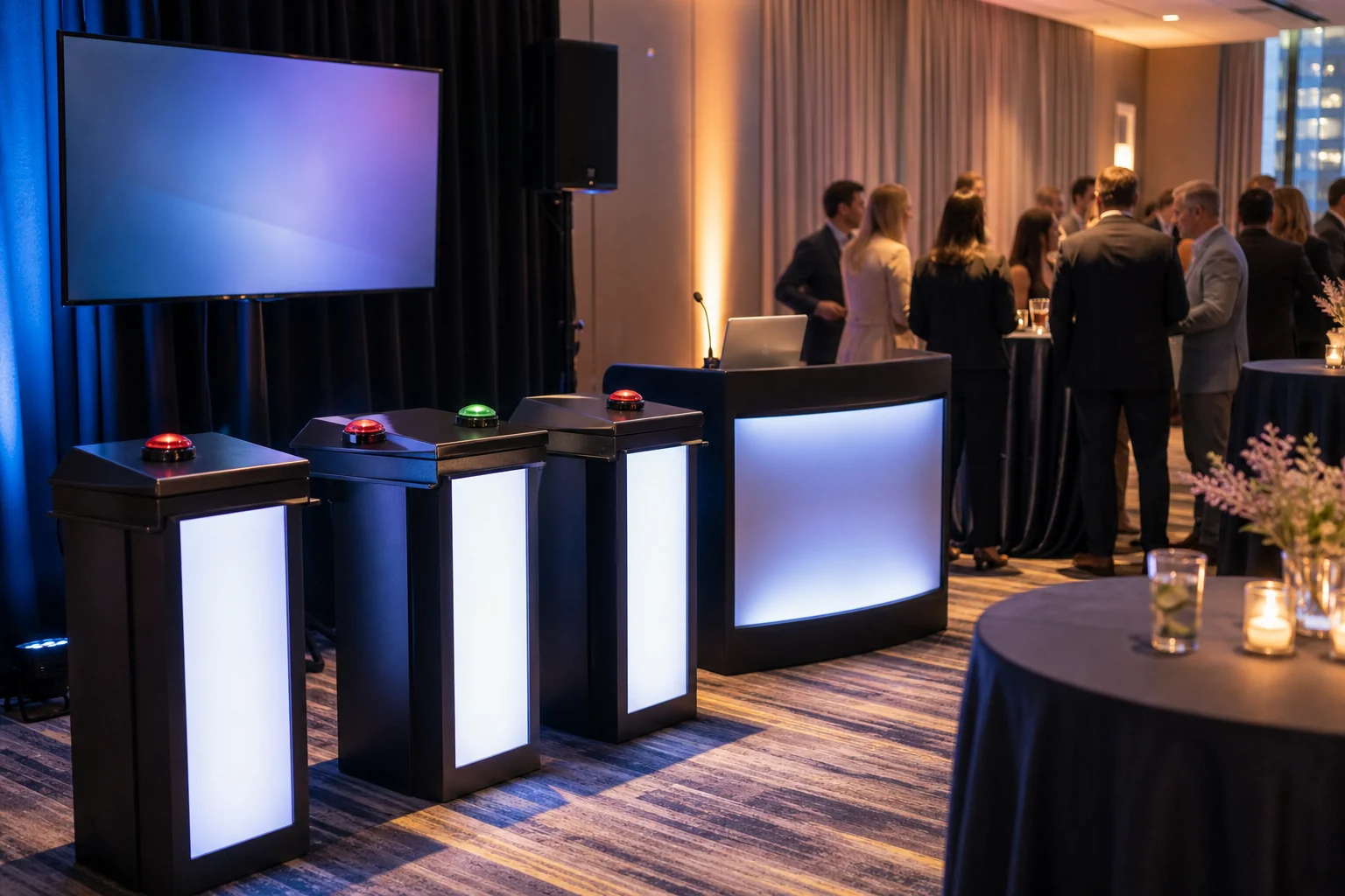 Conference game show station with podiums, buzzers, uplighting, and guests in a reception setting