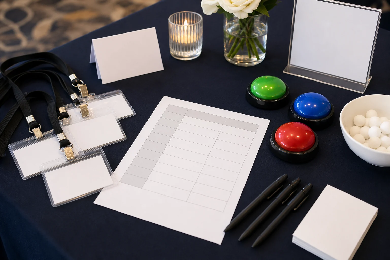 Conference detail with blank badges, props, buzzers, pens, table cards, and activity materials