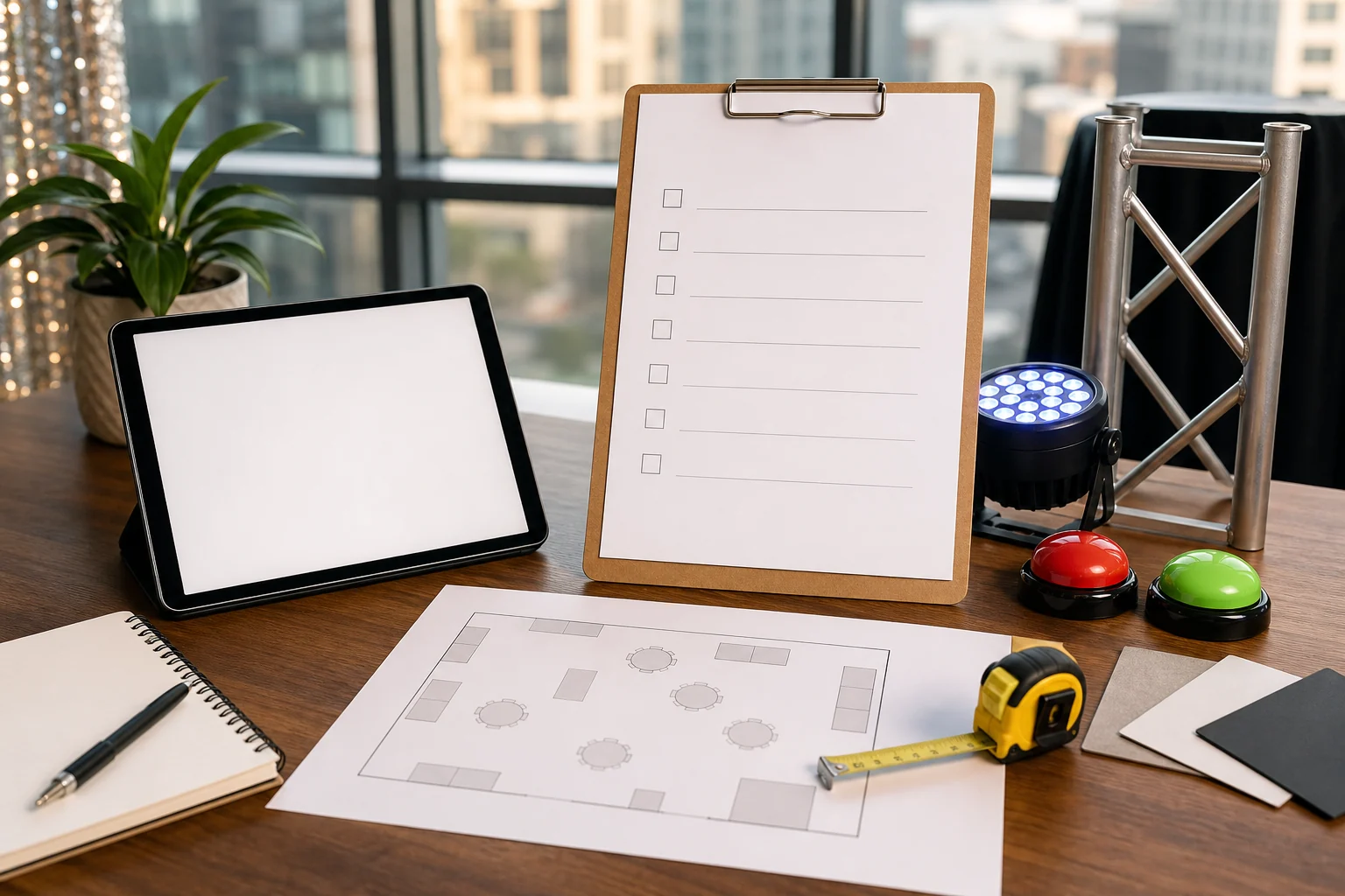 Conference entertainment quote checklist with blank clipboard, tablet, floor plan, props, and measuring tape