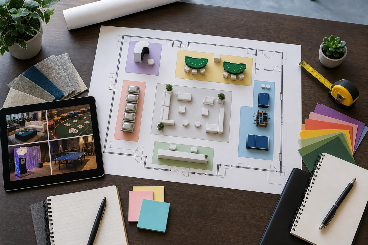 Corporate event entertainment layout planning with photo booth and game zones
