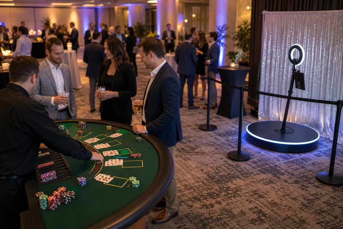 Corporate event casino game table and 360 photo booth setup