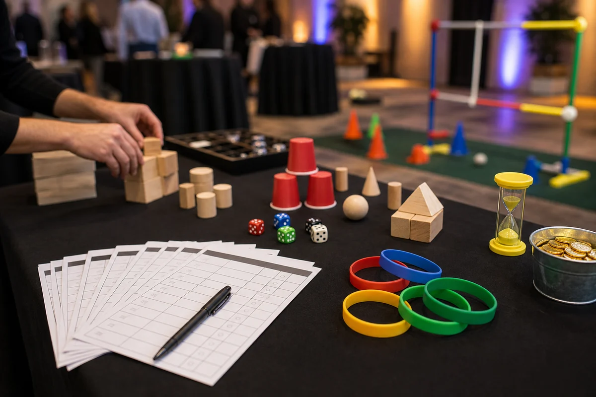 Corporate team-building game station with scorecards and props