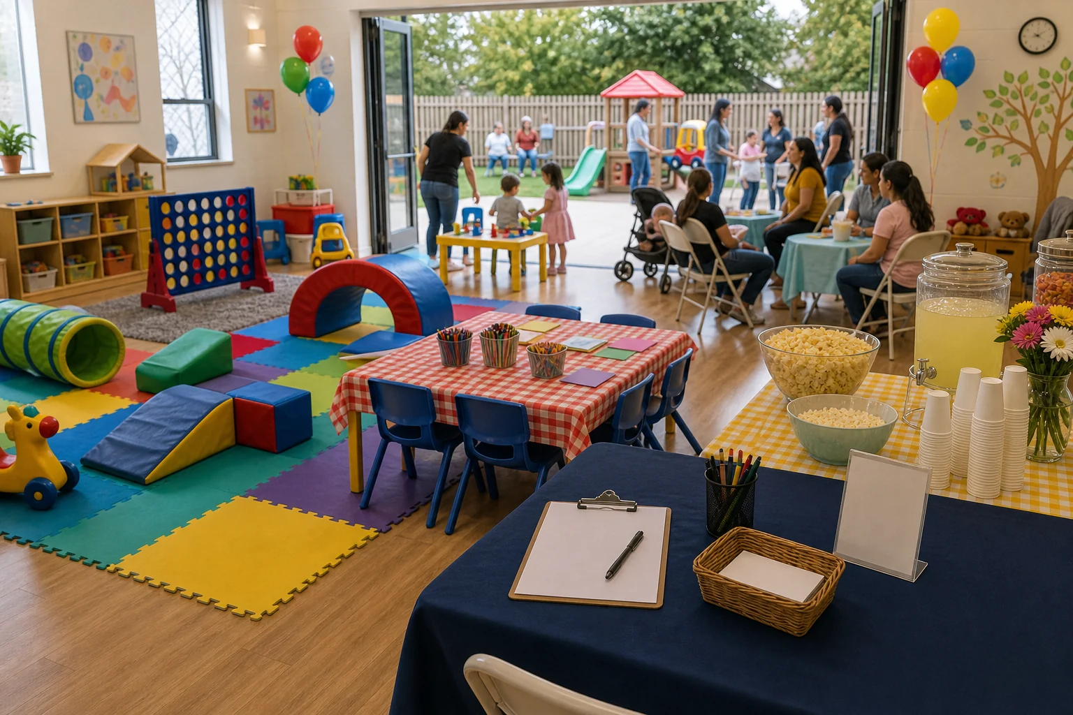 Daycare and preschool event layout with gentle play, crafts, snacks, parent seating, check-in, and clear walking lanes