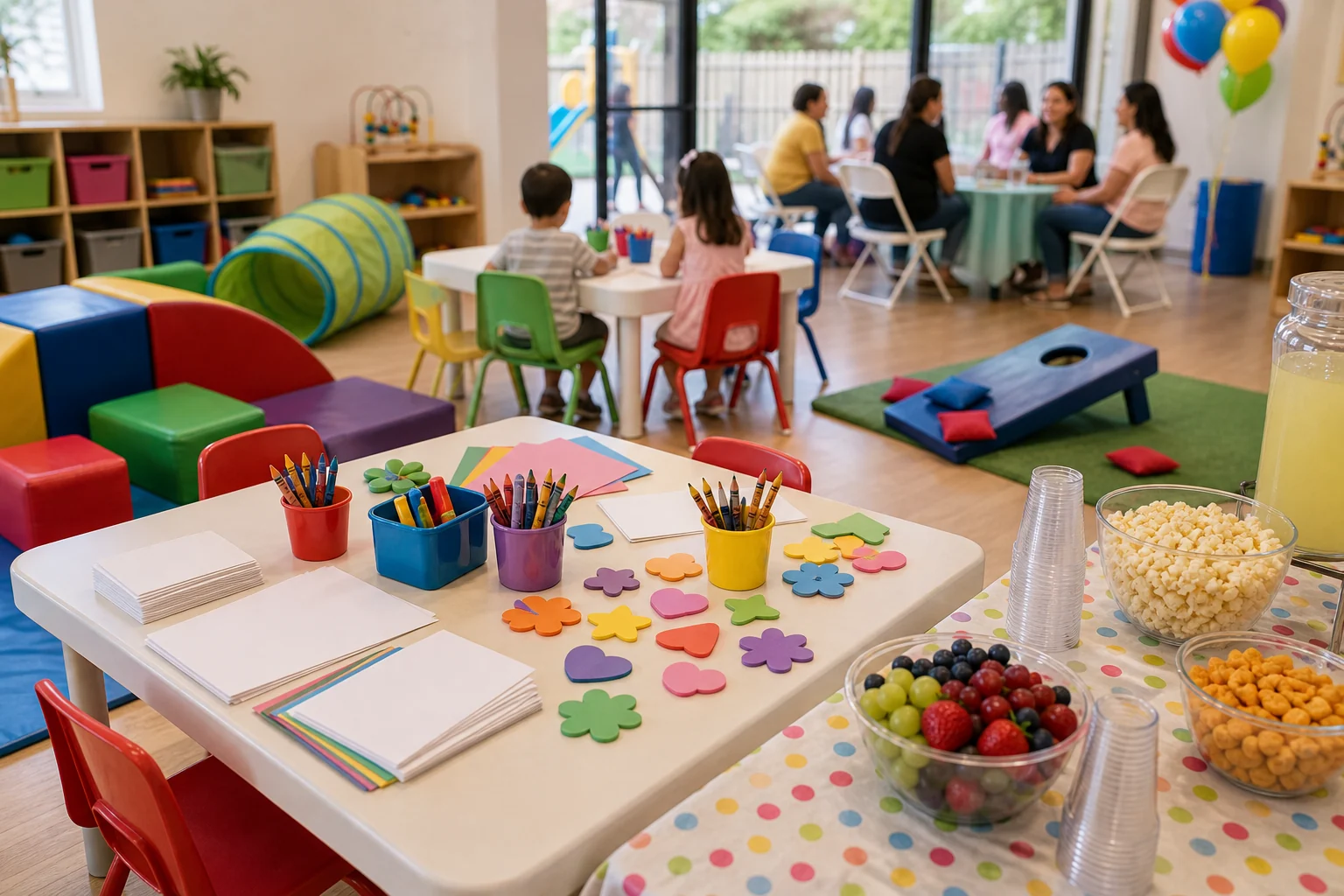 Preschool craft and toddler-friendly game station with blank craft sheets, soft blocks, snack cups, and parent seating