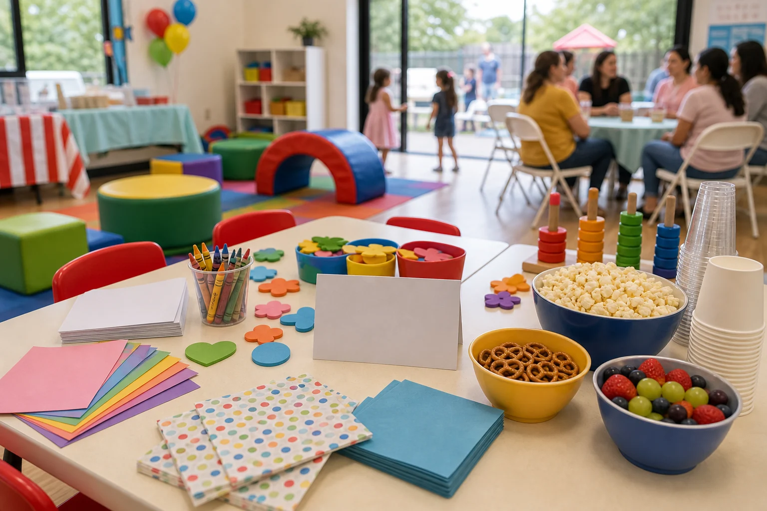 Daycare event craft and snack materials with blank craft sheets, crayons, foam shapes, cups, napkins, and low game pieces