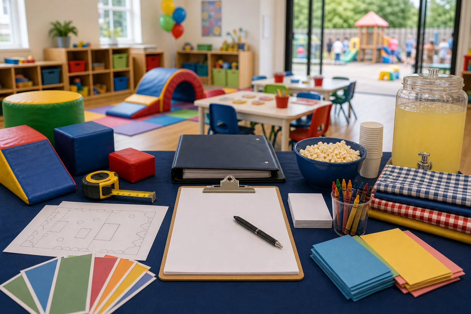 Daycare and preschool event quote planning materials with blank checklist, room sketch, swatches, soft play pieces, crayons, folder, and pen