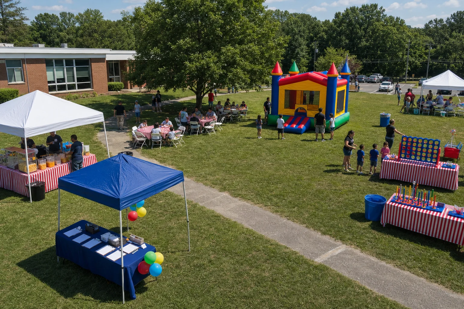 Delaware County backyard school or company picnic layout with bounce house, carnival games, concession tent, picnic seating, check-in table, and open paths