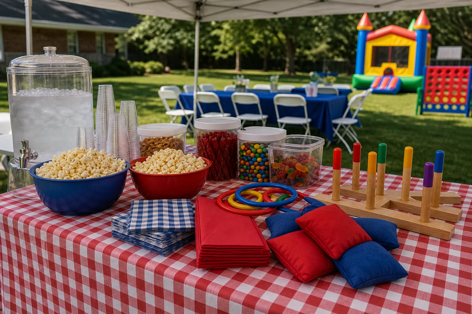 Delaware County picnic detail with snack containers, cups, beanbags, ring toss pieces, table covers, and chairs under a shade tent
