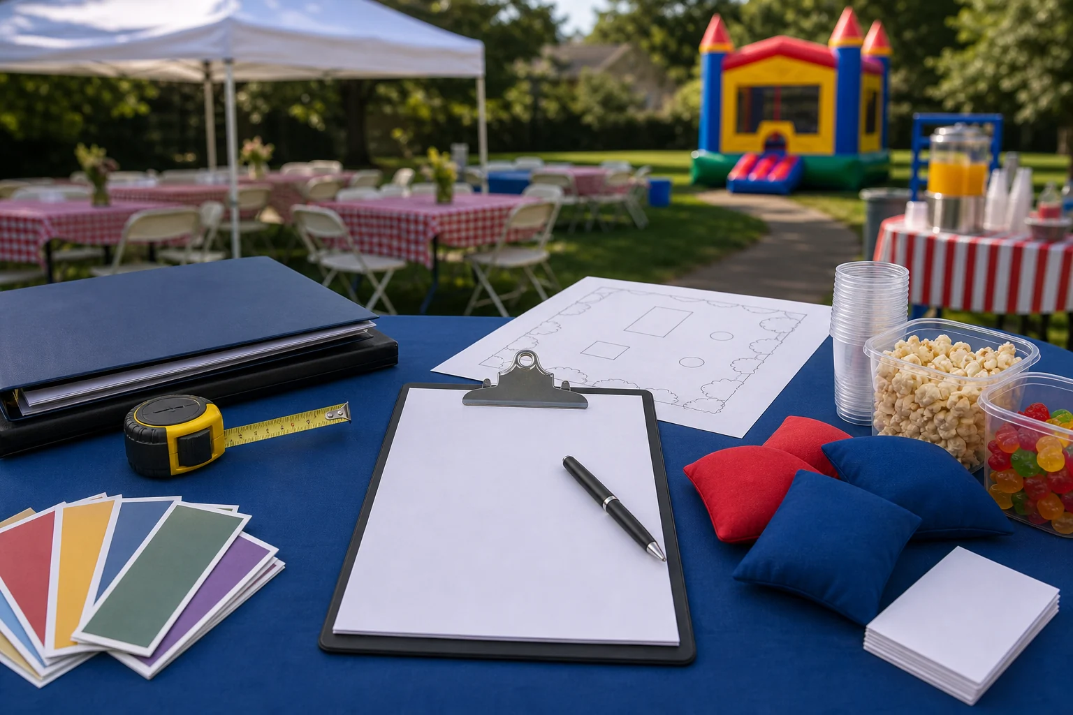 Delaware County party rental quote materials with blank checklist, site sketch, measuring tape, swatches, folder, snack cups, and game pieces