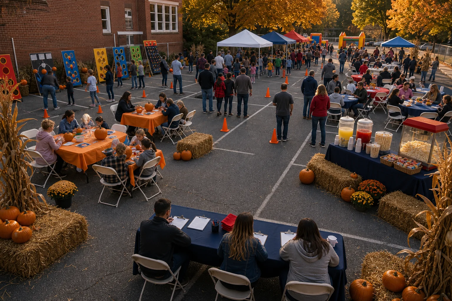 Fall festival layout with pumpkin painting, carnival games, snack table, seating, check-in, and walking paths