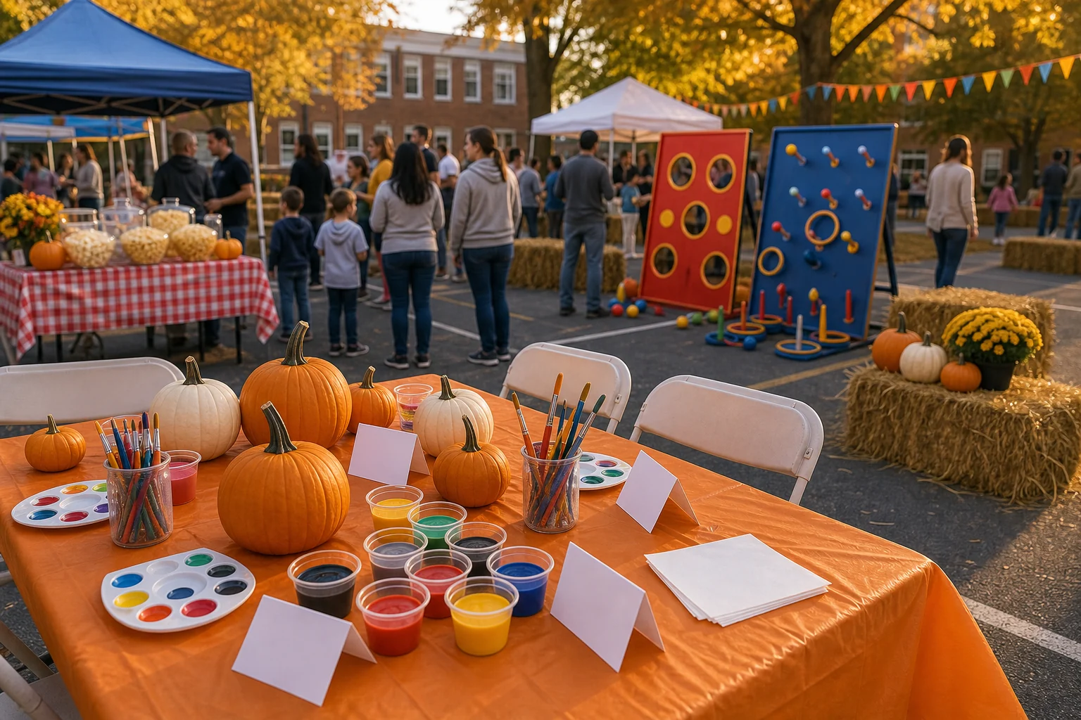 Fall festival feature with pumpkin painting supplies, simple carnival game, snack table, and autumn decorations