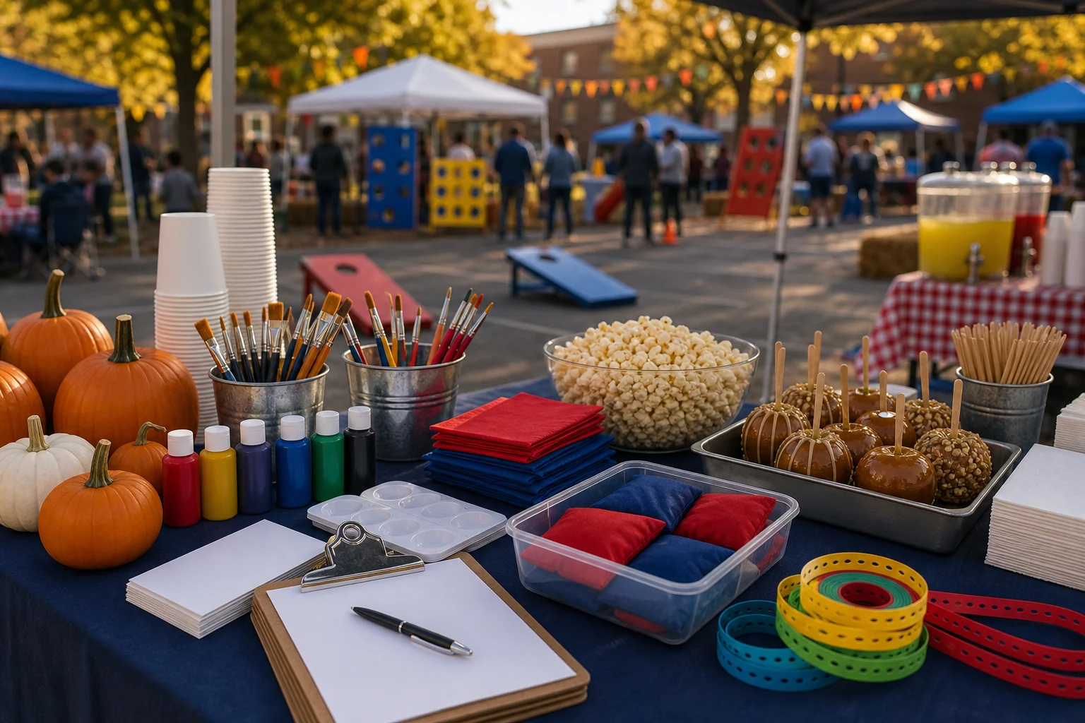 Fall festival supplies with small pumpkins, paint brushes, blank craft cards, plain cups, snack bowls, wristbands, and clipboard