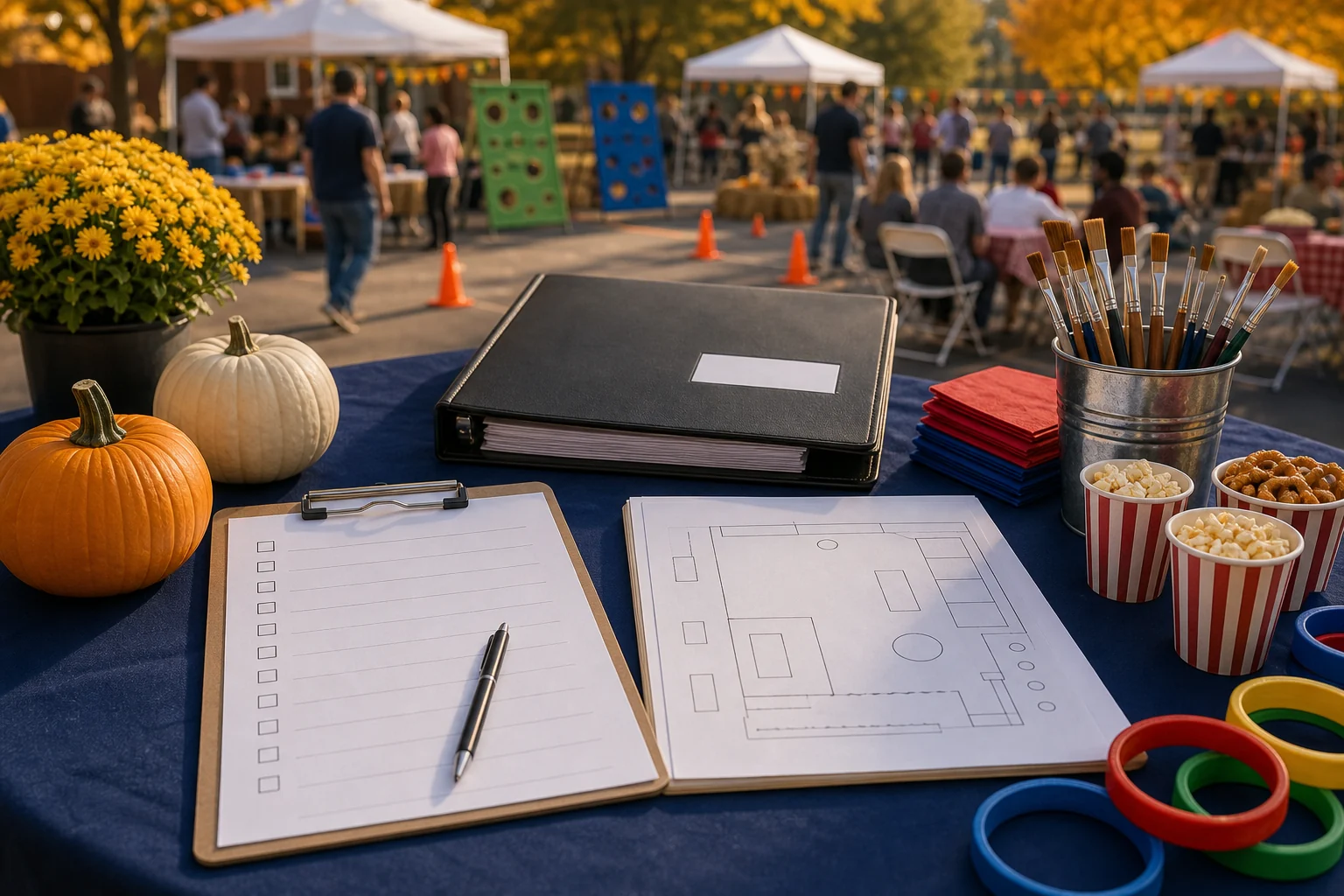 Fall festival quote planning materials with blank checklist, layout sketch, pumpkins, craft supplies, snack cups, and pen