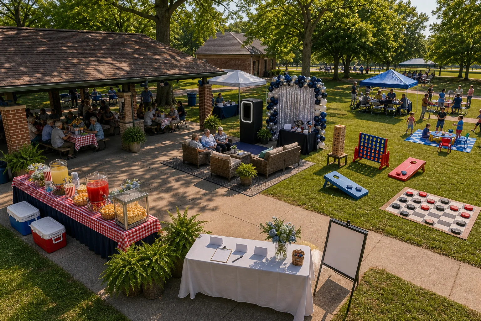Family reunion layout with concession table, photo booth, picnic seating, lawn games, check-in, shaded rest area, and walking paths