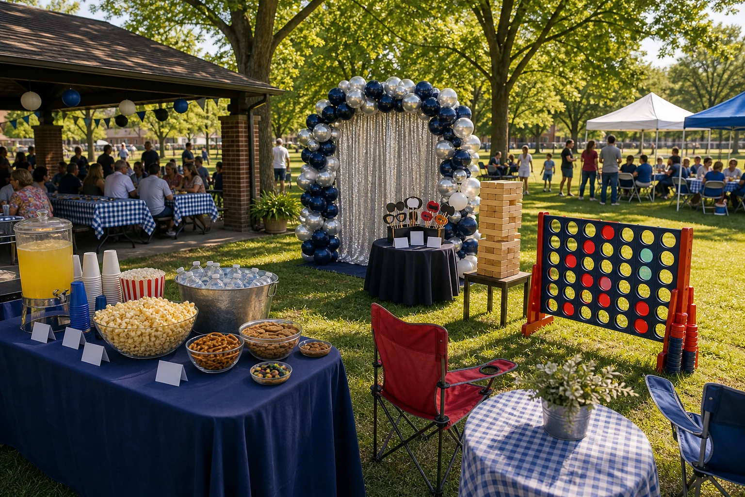 Family reunion feature with photo backdrop, giant lawn game, snack table, picnic seating, and blank photo props