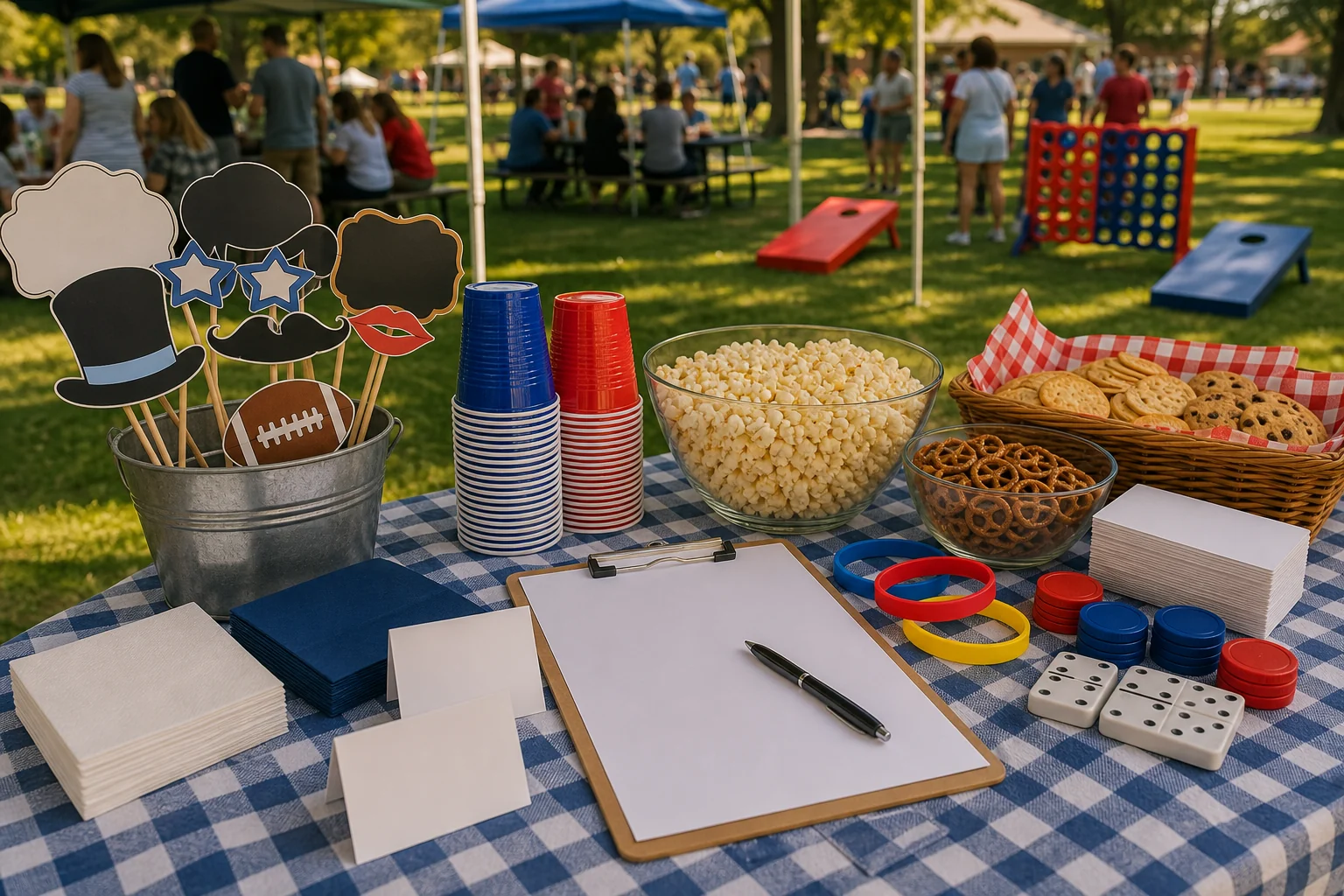 Family reunion detail with blank family photo props, plain cups, picnic snacks, wristbands, blank name cards, clipboard, and game pieces