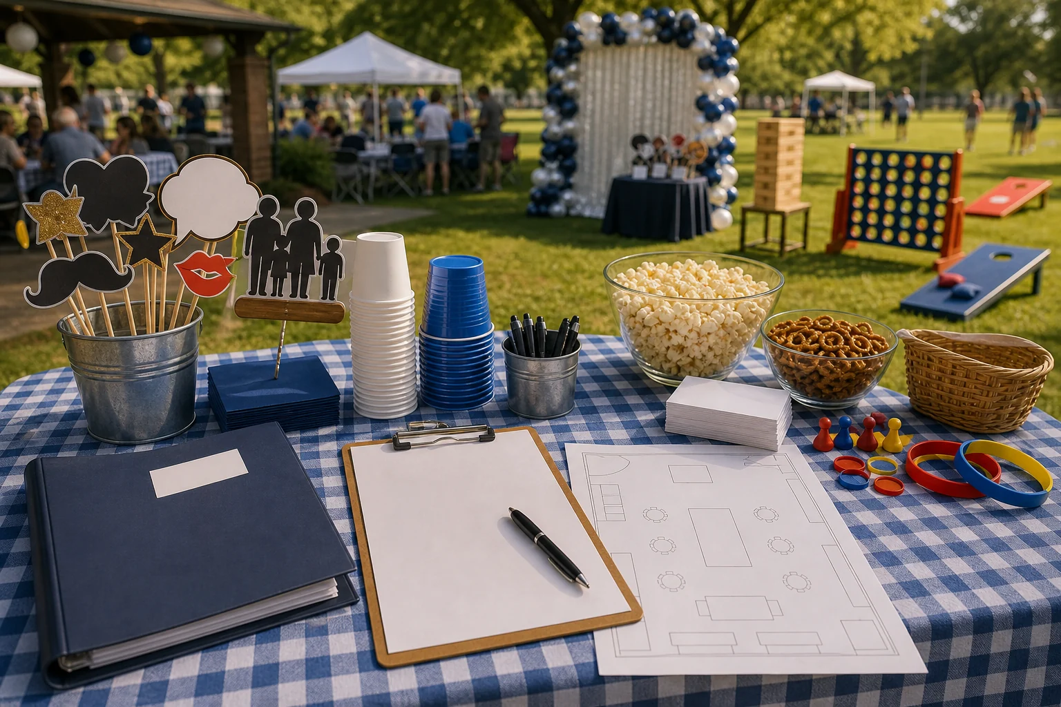 Family reunion quote planning materials with blank checklist, picnic site sketch, photo props, snack cups, wristbands, and pen