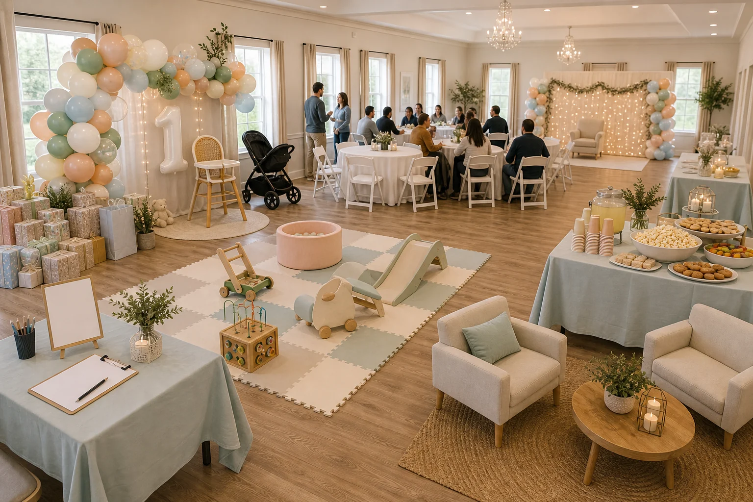 First birthday layout with gentle play area, photo backdrop, snack table, family seating, gift table, stroller space, and walking paths