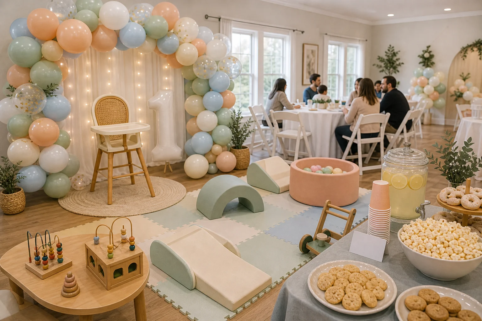 First birthday feature with balloon photo backdrop, high chair photo setup, gentle activity area, snacks, and seating