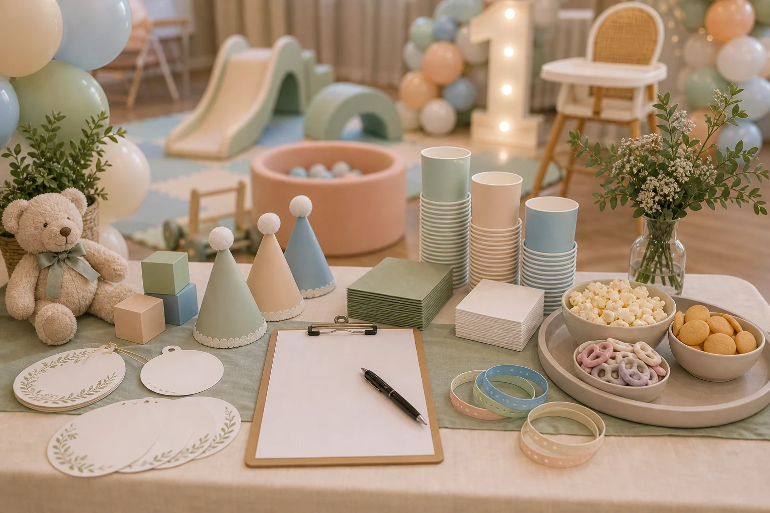 First birthday detail with blank milestone cards, plain cups, soft play blocks, pastel balloons, snacks, blank clipboard, and pen