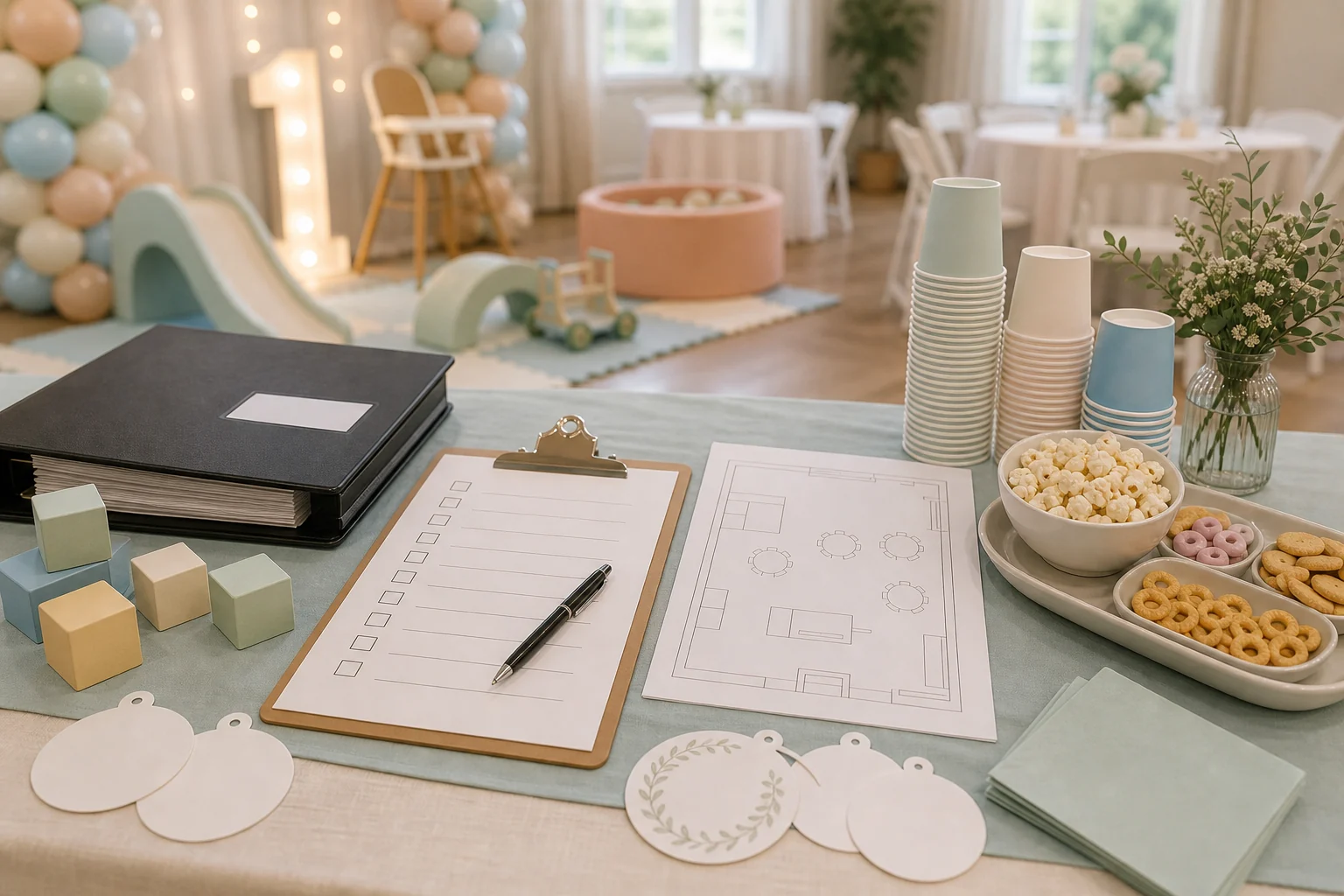 First birthday quote planning materials with blank checklist, toddler-friendly room sketch, pastel balloons, snack cups, soft blocks, folder, and pen