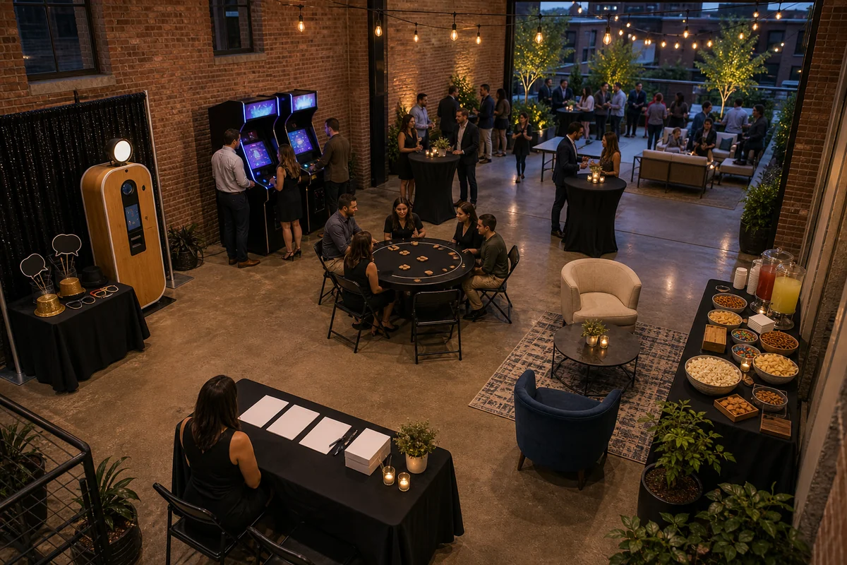 Fishtown and Northern Liberties loft event layout with photo booth corner, arcade station, social game table, snack station, seating, check-in, and patio paths