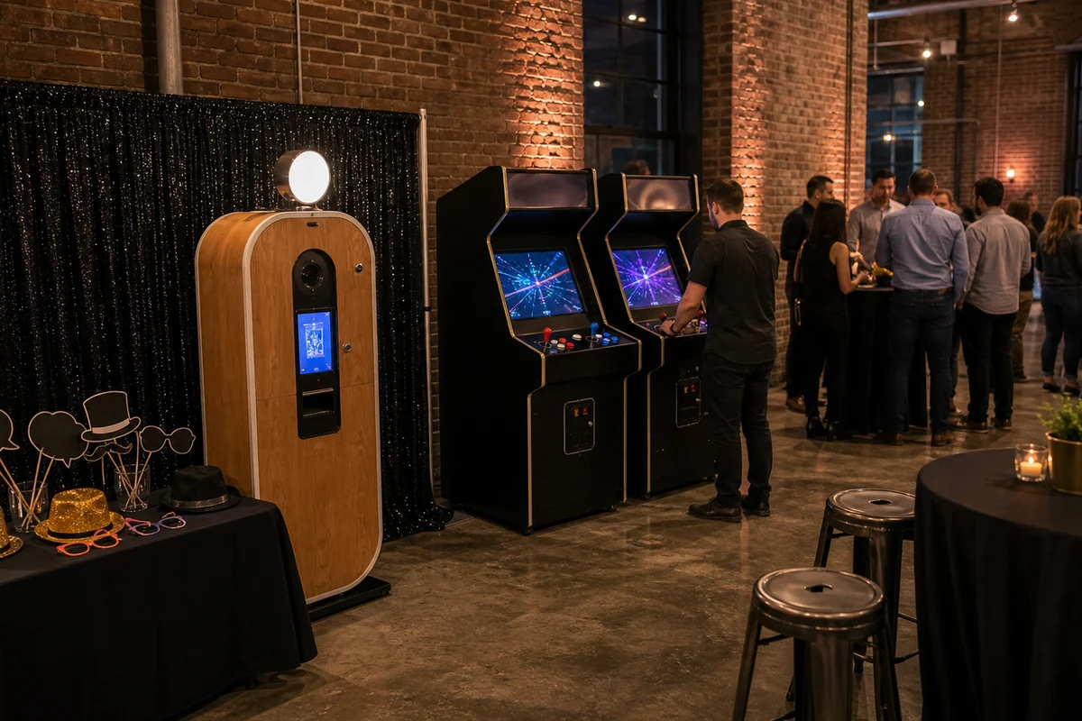 Fishtown and Northern Liberties event feature with photo booth, blank props, unbranded arcade station, cocktail seating, and industrial brick backdrop