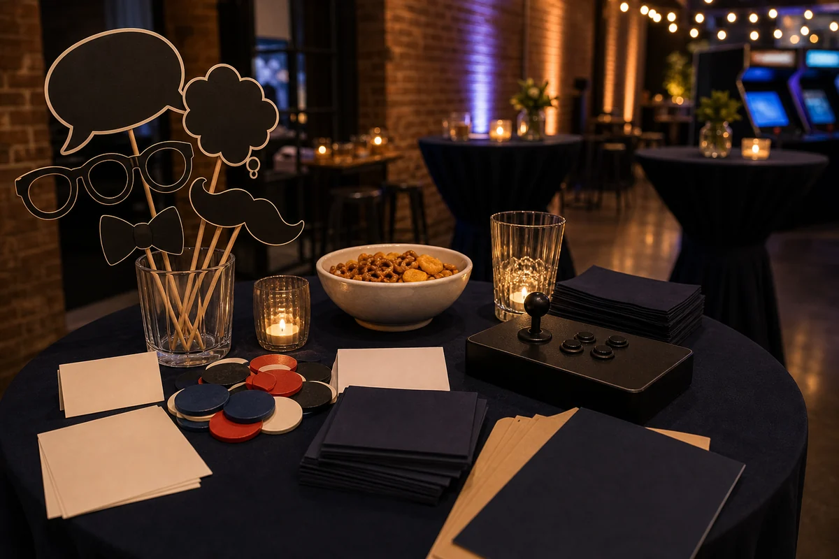 Fishtown and Northern Liberties event detail with blank photo booth props, unmarked tokens, unbranded game materials, snack bowl, and venue-access cards
