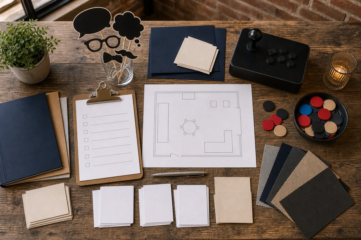 Fishtown and Northern Liberties quote planning materials with blank checklist, loft layout sketch, access cards, tokens, photo props, folders, and arcade controller prop