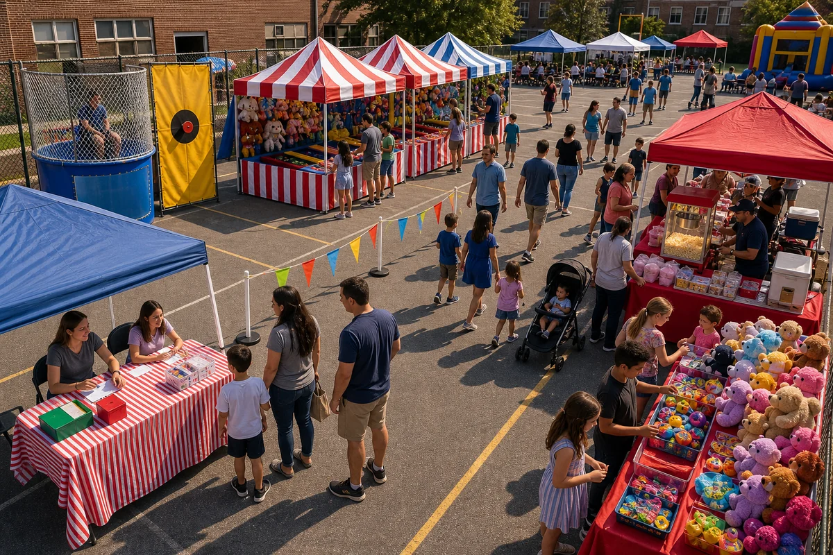 Fundraiser event layout with ticket table, carnival games, dunk tank, concessions, prizes, and walking lanes