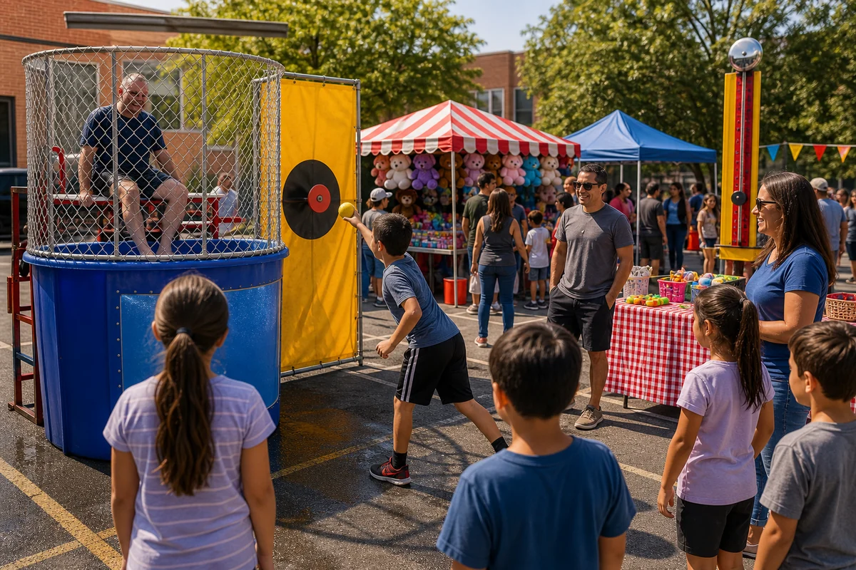 Fundraiser dunk tank feature attraction with carnival games and prize booths nearby