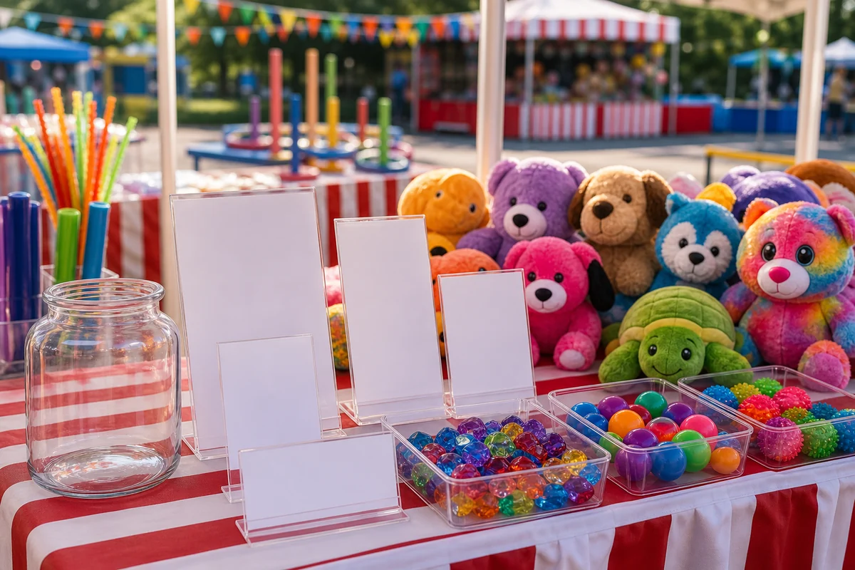 Fundraiser prize table detail with blank sponsor display stands, plush prizes, tokens, and donation jar