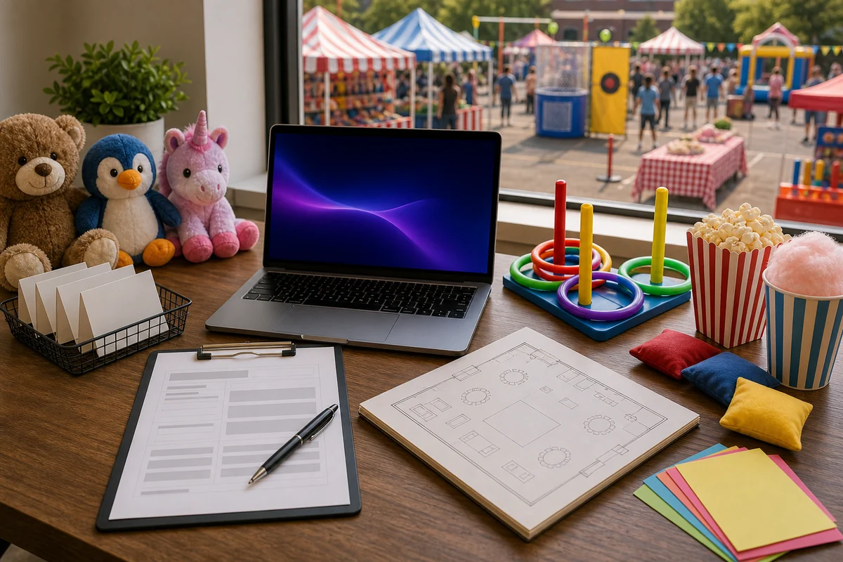Fundraiser event rental quote checklist with carnival games, prizes, concessions, and layout planning materials
