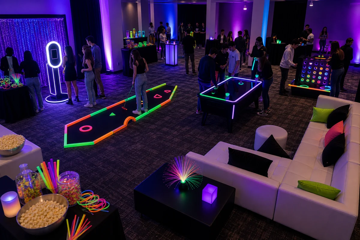 Glow party layout with LED photo booth, black-light mini golf, glow games, lounge seating, snack area, and walking lanes