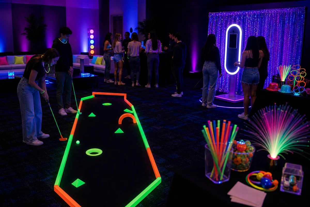 Glow party black-light mini golf and LED photo booth feature station with neon props and activity lighting