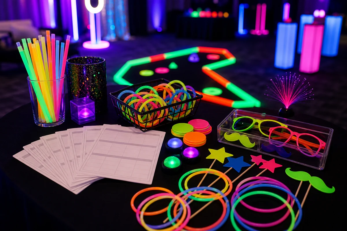 Glow party props detail with neon wristbands, glow sticks, blank scorecards, tokens, and colorful game pieces