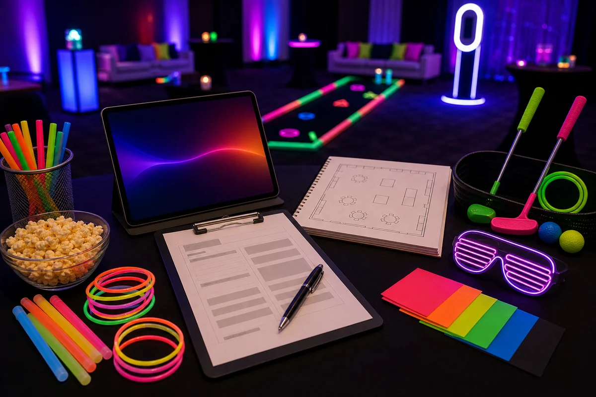 Glow party rental quote checklist with neon wristbands, glow sticks, black-light mini golf props, LED booth accessories, and layout planning materials