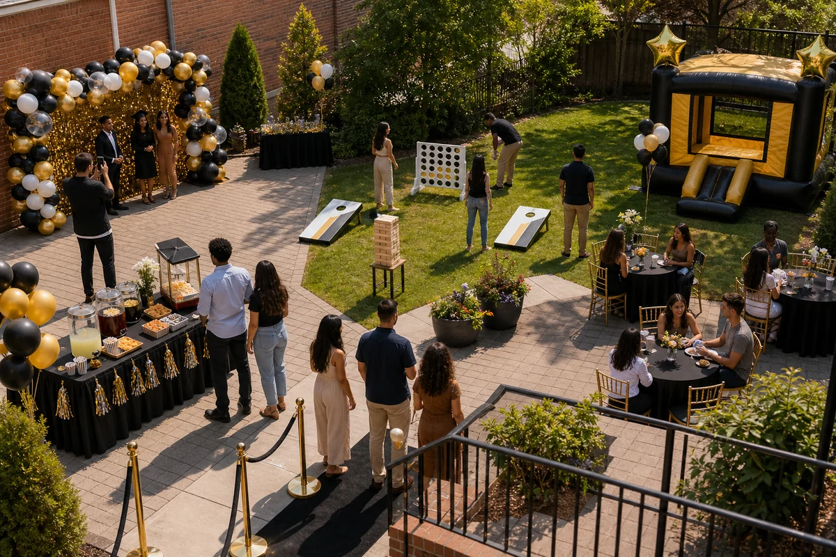Graduation party rental layout with photo booth, games, snack station, and seating