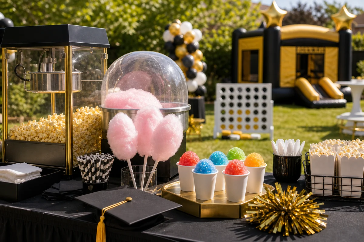 Graduation party concession station with popcorn, cotton candy, and snow cone supplies