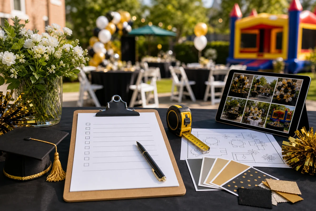 Graduation party rental quote checklist with layout planning materials