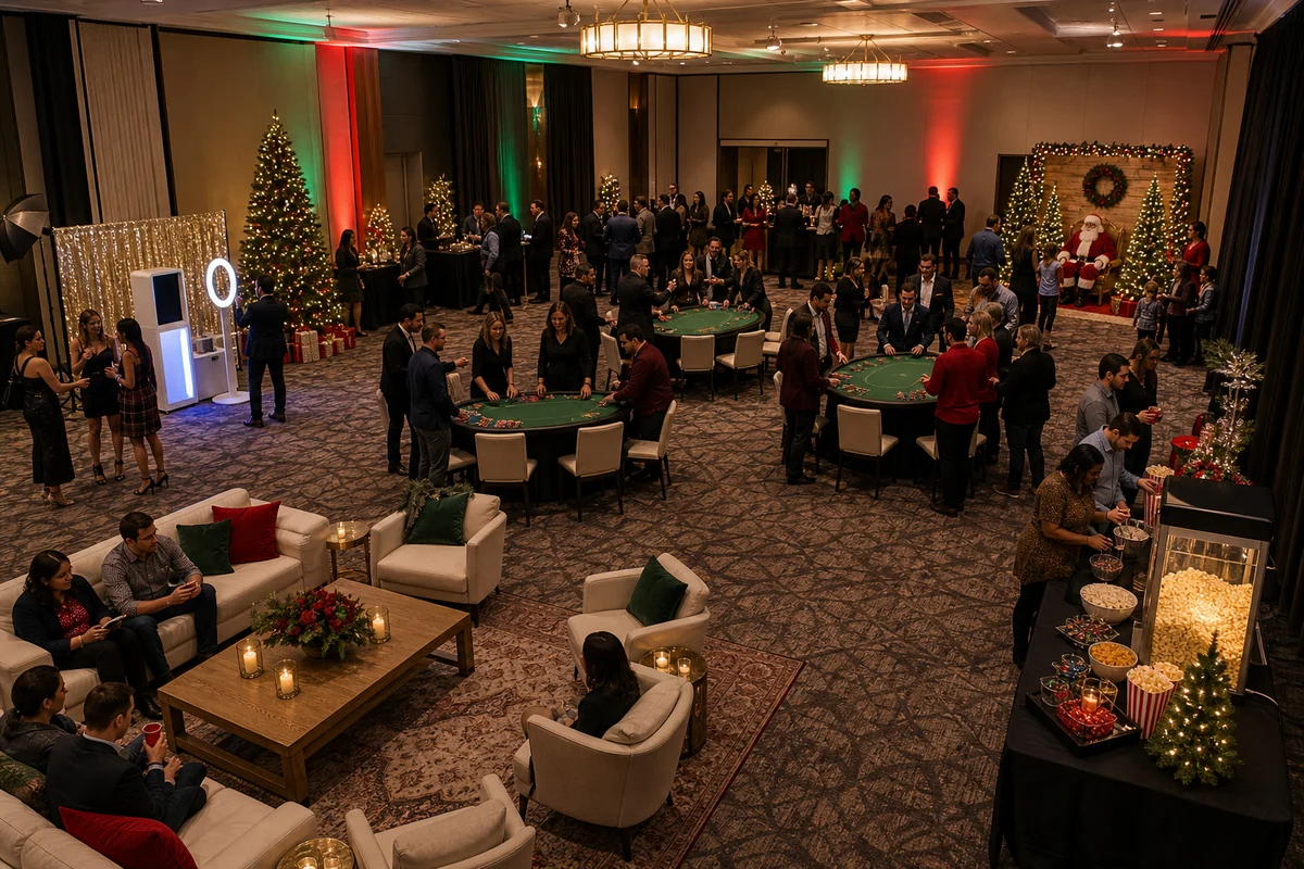 Holiday party layout with lounge seating, photo booth, casino games, Santa photo corner, winter snacks, and guest walkways