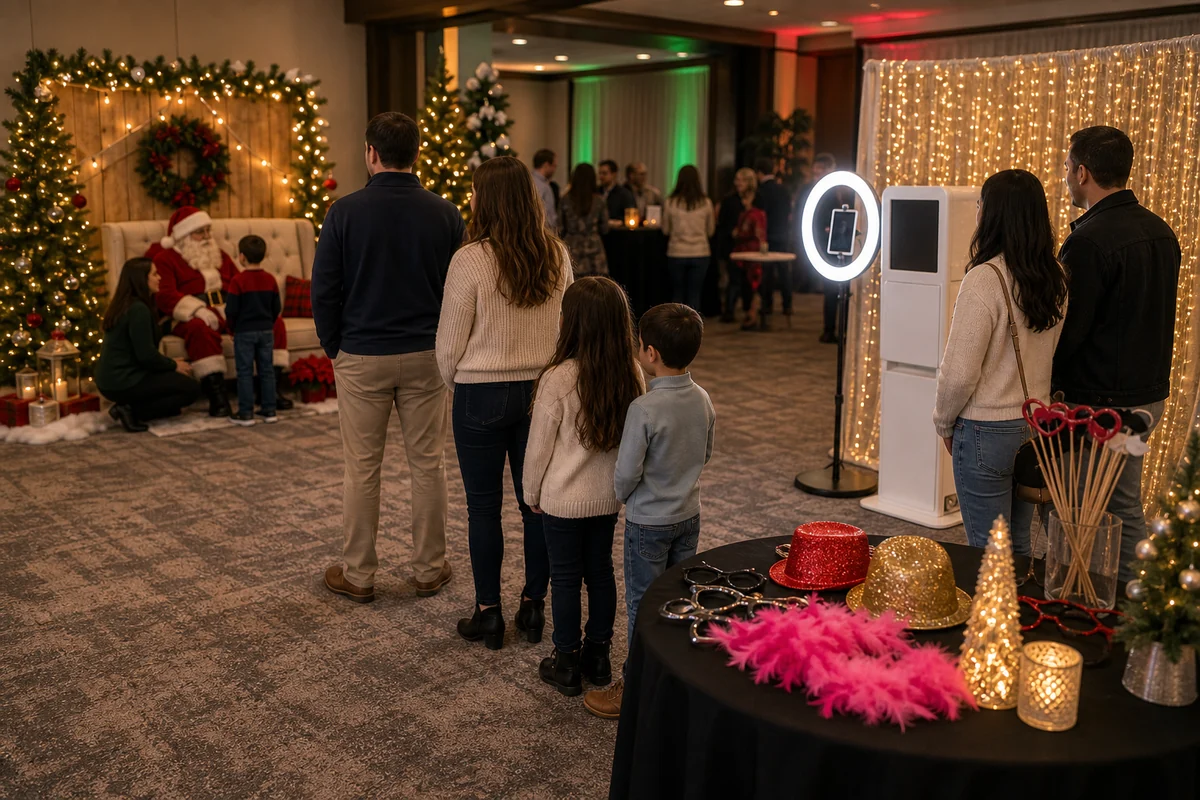 Holiday photo booth and Santa photo corner with unbranded booth, festive decor, and families queued from a distance