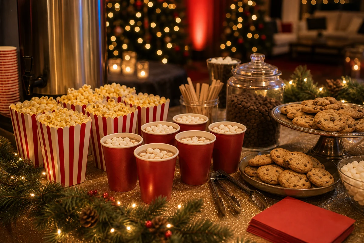 Holiday party concession table detail with popcorn, cocoa cups, cookies, garland, and warm lights