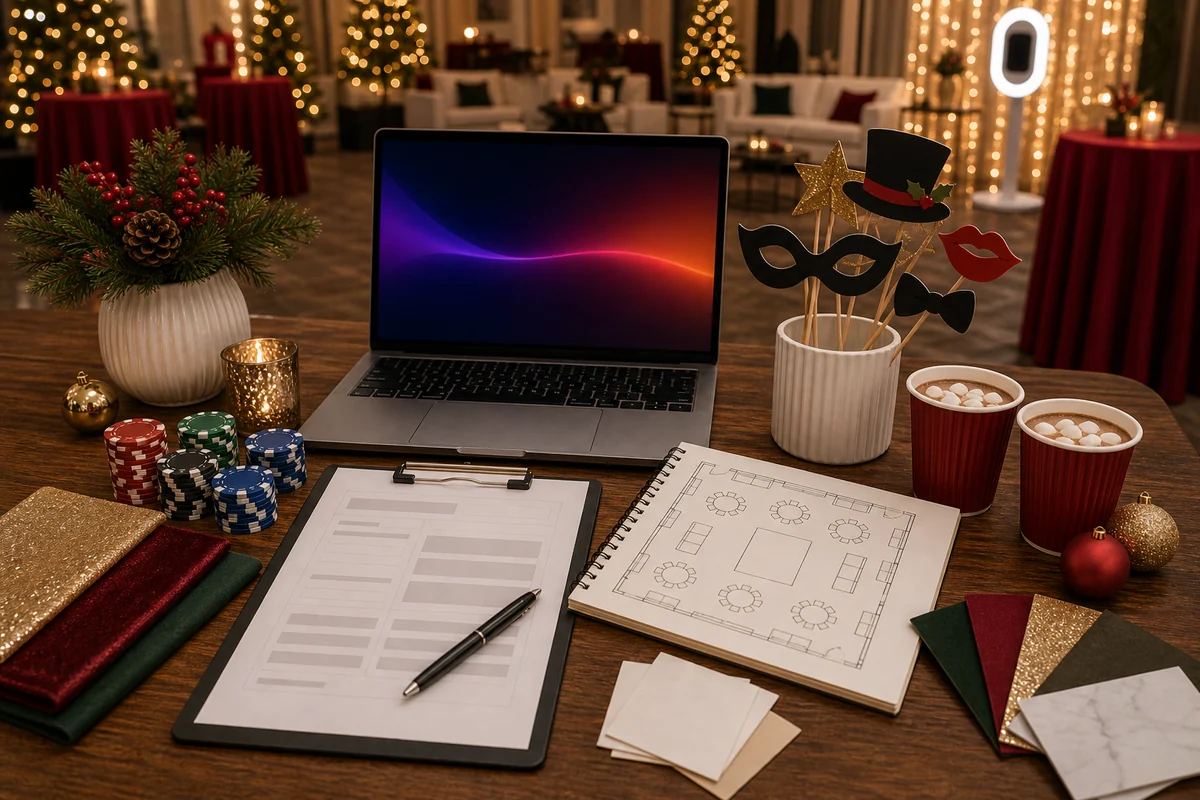 Holiday party rental quote checklist with casino chips, photo booth props, cocoa cups, winter decor, and layout planning materials