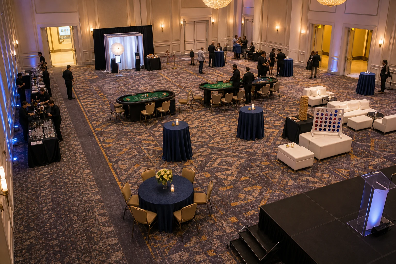 Hotel ballroom layout with activity zones, casino tables, photo booth, seating, service paths, and hallway access