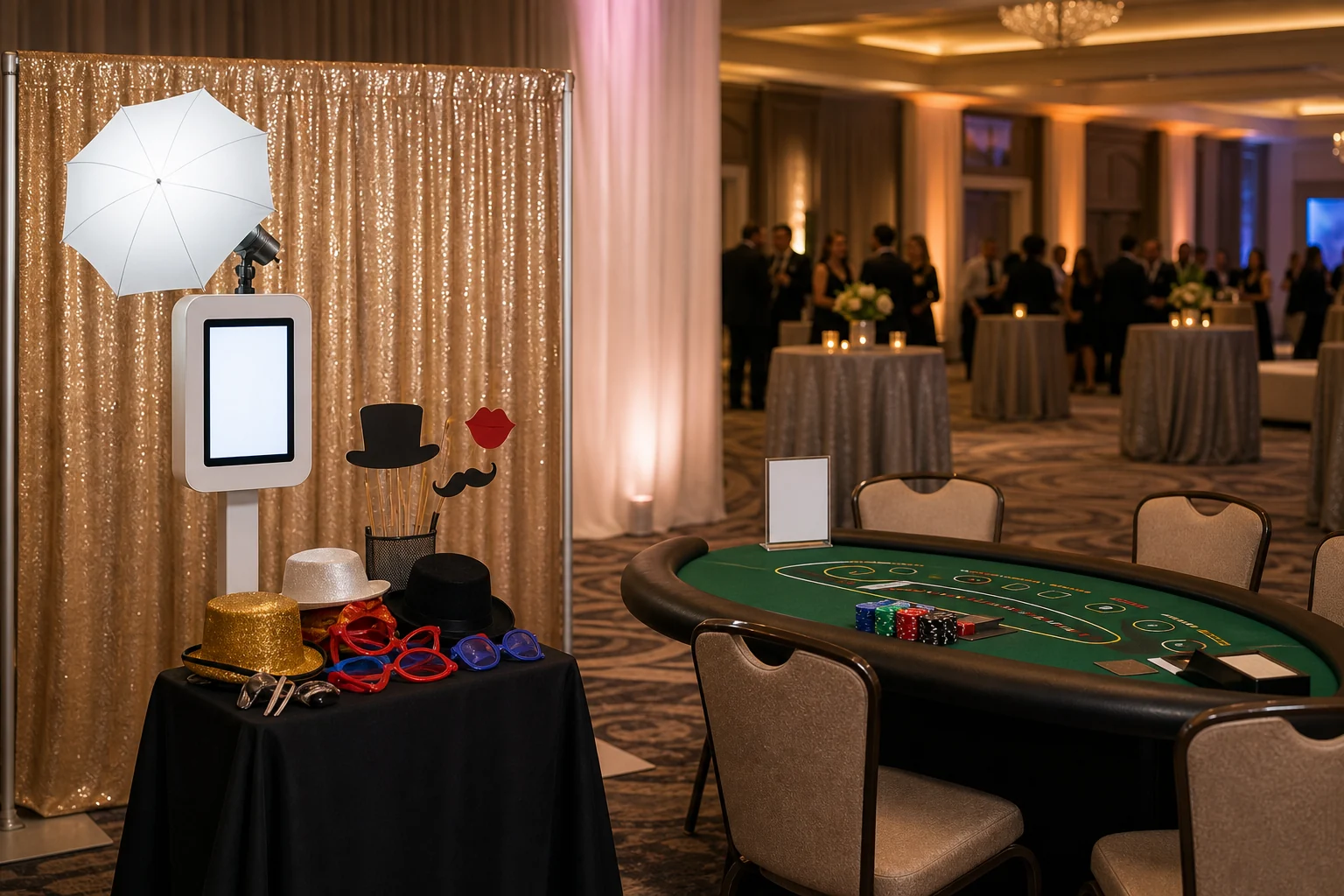 Hotel ballroom feature with photo booth, casino table, props, and warm reception lighting