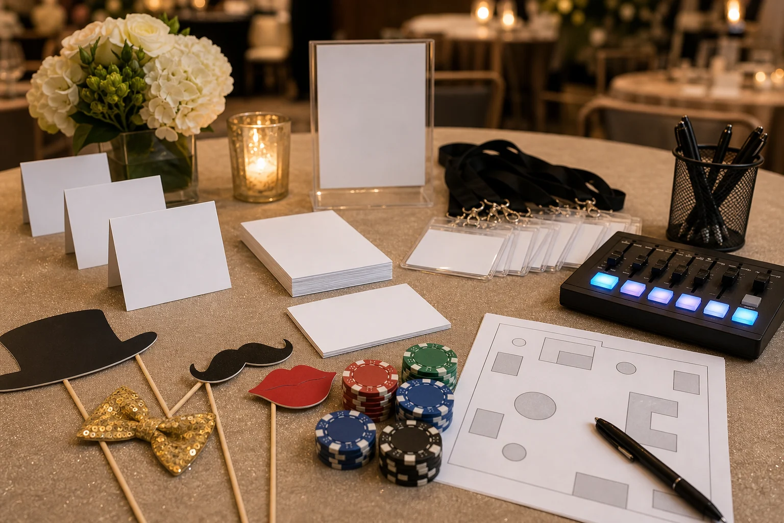 Hotel ballroom event detail with blank cards, photo props, unmarked chips, lighting controller, and blank floor plan