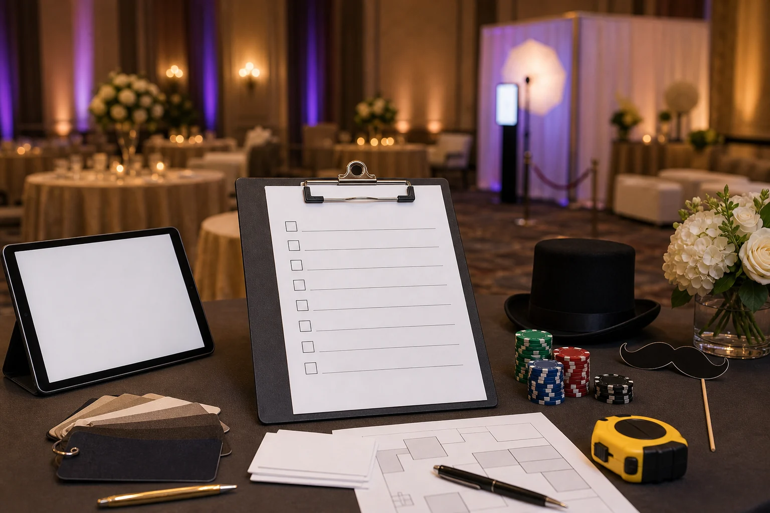 Hotel ballroom quote checklist with blank clipboard, tablet, floor plan, measuring tape, props, and unmarked casino chips