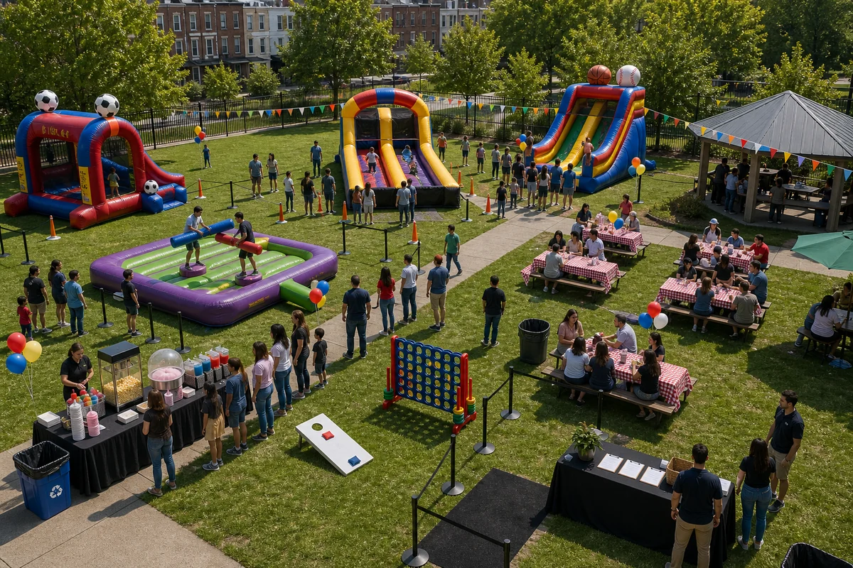 Inflatable game rental layout with activity zones, queue lanes, and open walking paths
